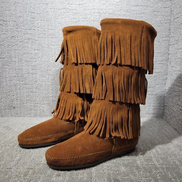 Minnetonka Moccasins 3 Layer Fringe Women's Size 5 Brown Suede Calf High Boots - Picture 5 of 10